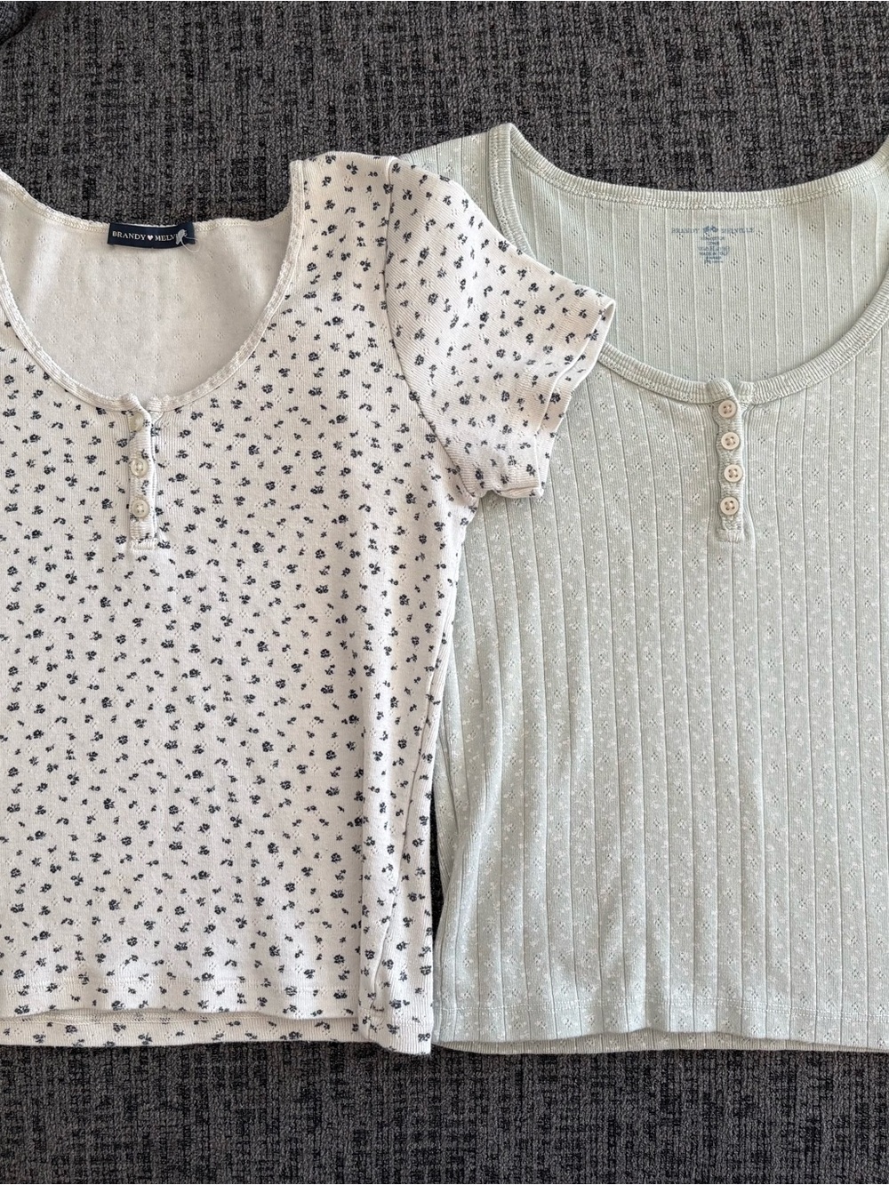 Brandy Melville Cream Floral Tee & Light Sage Ribbed Henley